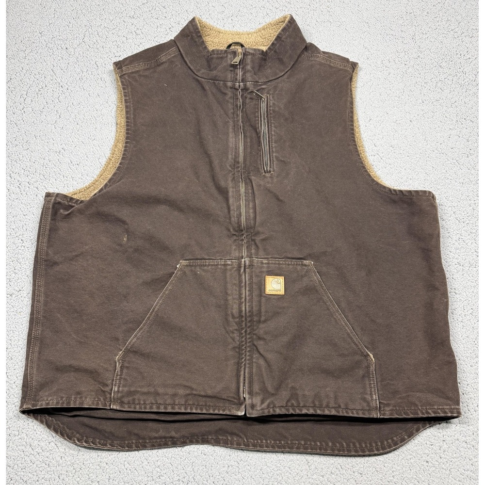 Carhartt Vest Mens 2XLT Brown Canvas Sherpa Lined Insulated Workwear V33 DKB
